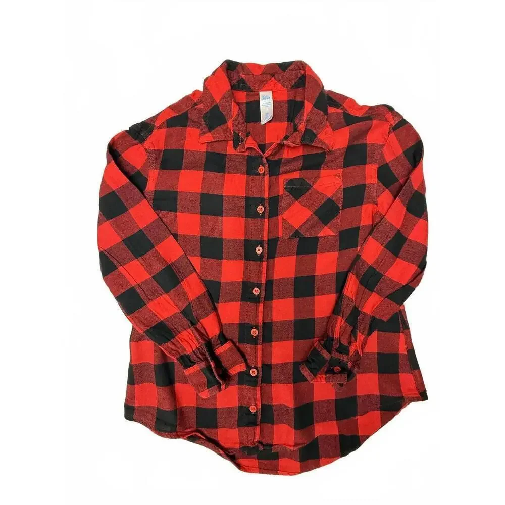 Justice Shirt Girls 10 Red Black Plaid Button Up Long Sleeve Soft Flannel